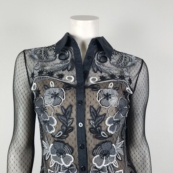 Blanc Nature Vintage Y2K Embroidered Goth Mesh Shirt Size 38 (Cigarette Odor) - Picture 3 of 14